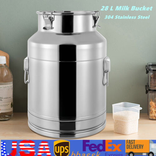 28 L Milk Can 304 Stainless Steel Milk Bucket Wine Pail Tote Jug with Sealed Lid