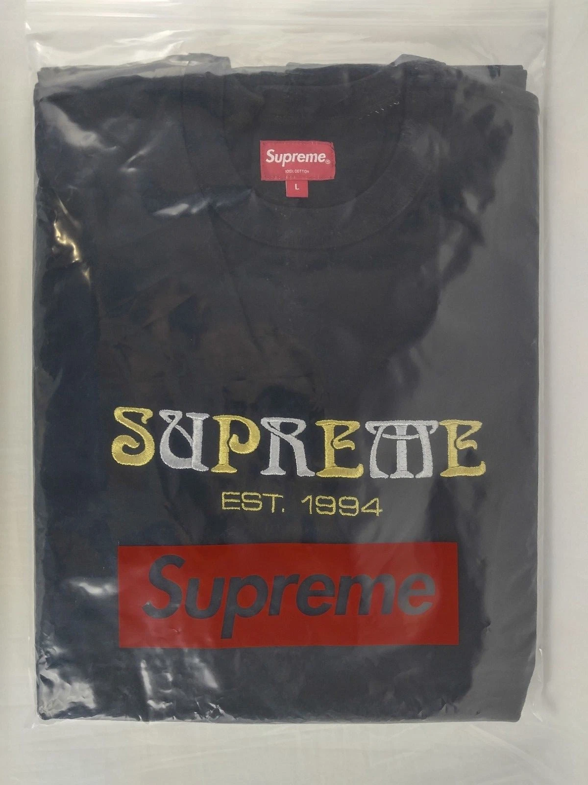 Supreme FW18 Nouveau Logo Tee T Shirt Black Embroidered Spellout Men's Size L