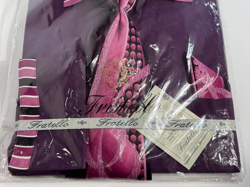 Camisa de vestir Fratello para hombre 16,5 34 35 púrpura rosa manga larga pañuelo con corbata Foto 4 de 4