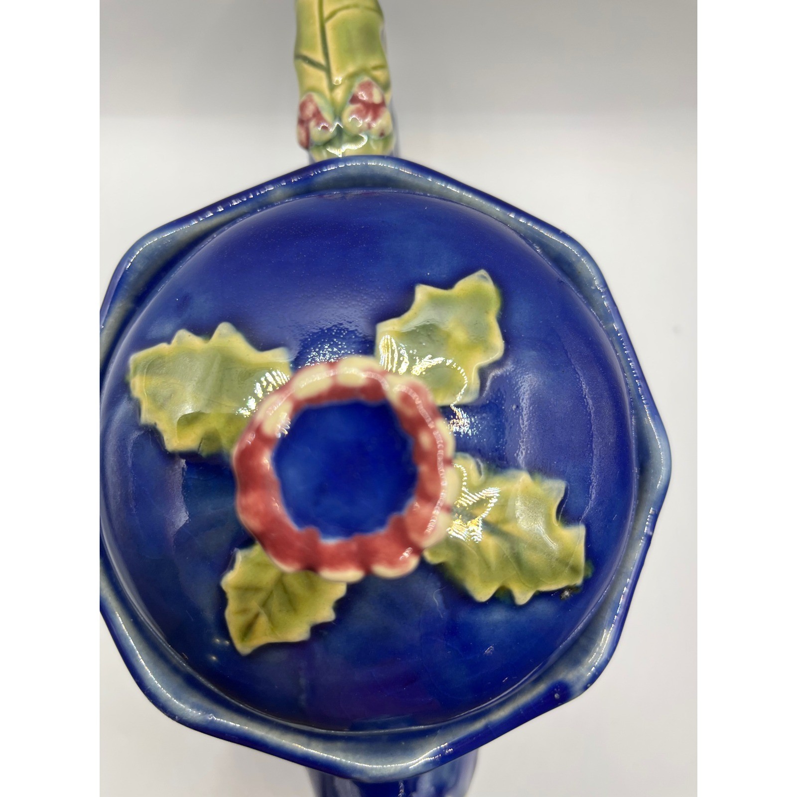 Collectible Ceramic Teapot, Dark Blue, Holly Leaves & Berries Design