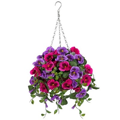 Artificial Hanging Basket Pansy Flowers Outdoor   25.5  UV-Resistant Hot Pink...