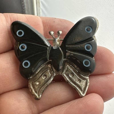 Unique Bakelite Silver Toned Butterfly Antique Brooch