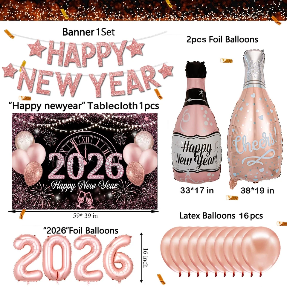 Suministros de Fiesta de Nochevieja 2026 Oro Rosa Feliz Año Nuevo Decoraciones Feliz... Foto 2 de 4