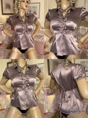 HOCHGLANZ FLÜSSIG SATIN Sekretärin GOVERNESS Herrin sexy Rüschen Ausschnitt Bluse