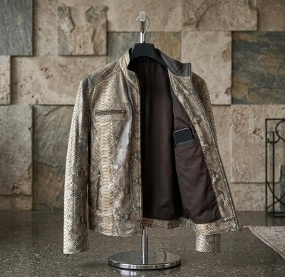 Men's Genuine Python Snake Skin Leather Jacket Exotic Biker Motorcycle Coat