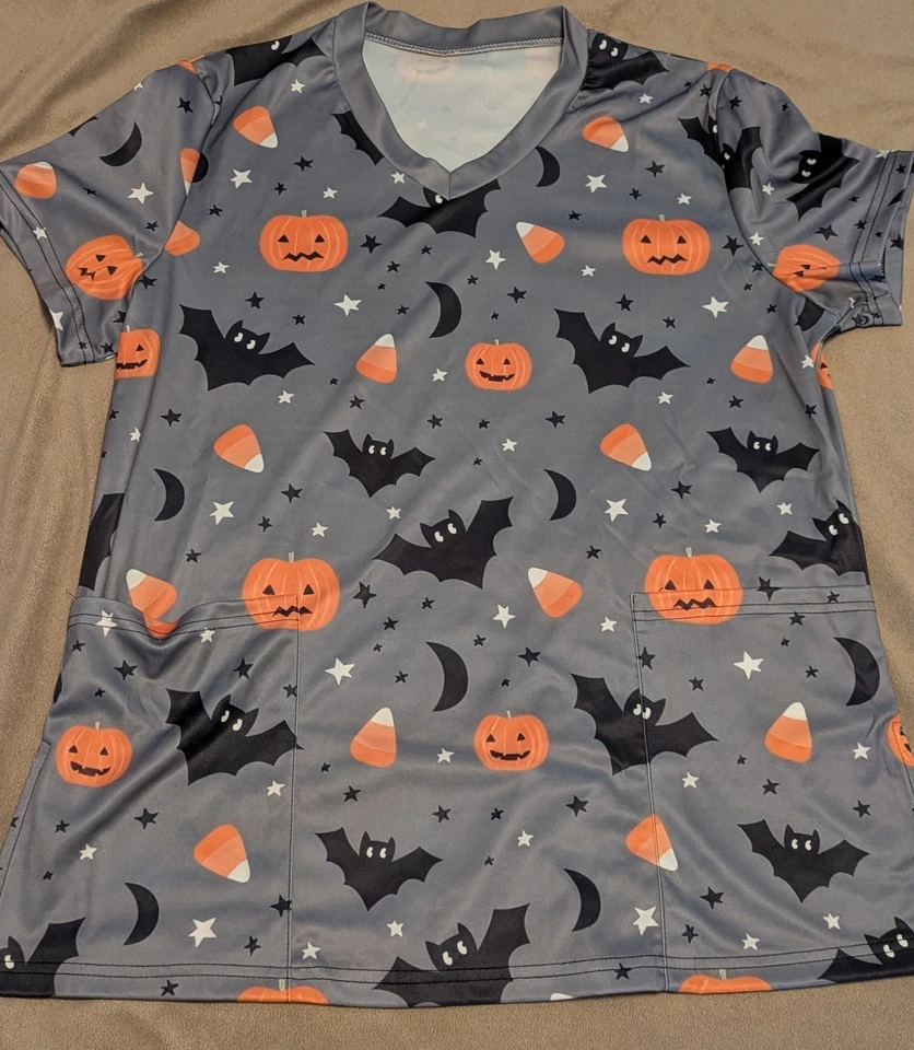 Scrub Tops-Halloween Pumpkins/Bats/Multicolor-(x2)M - Image 3 of 4