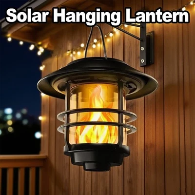 Solar Hanging Flickering Flames LED Lantern Lamps Lights Wall Mount Patio Lamp - Image 1 of 4