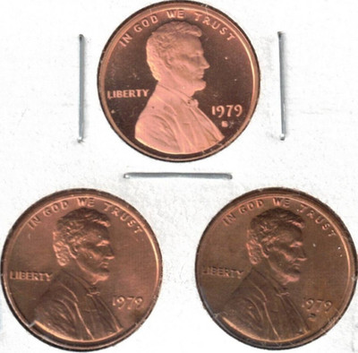 1979-D-P-S Three Uncirculated Lincoln Memorial Cents S from a proof set!