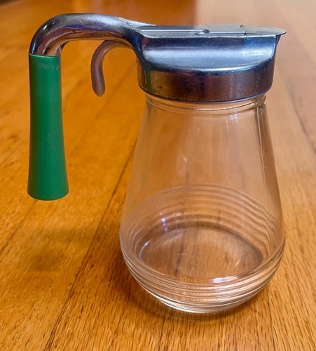 VTG Federal Tool Corp Lidded Glass Syrup Dispenser USA Green Bakelite Handle 5"