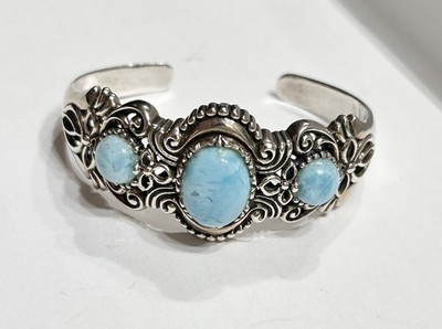 Dominican Larimar, Heavy Filigree 925 Sterling Silver Cuff Bracelet Hallmark NOA