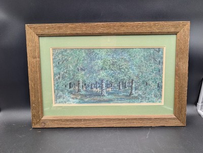 Vintage Landscape Deer In Woods Forest 21 X 14 Framed Matted Watercolor Greenery
