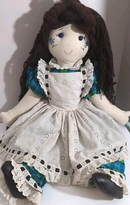 Vintage Spooky Cloth Rag Doll, Country, Yarn Hair, Button Eye, Plaid Dress