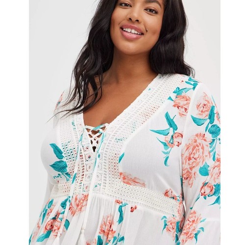 Torrid Floral Babydoll Gauze Crochet Lace Up Top Plus Size 3 (22/24) 3X - Picture 3 of 13