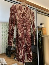 small fashion nova red and beige long sleeve body con sequin dress