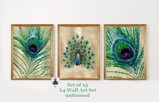 Peacock Wall Art Green Gold Art Deco Style Feathers Glam Home Decor A4 Set x3