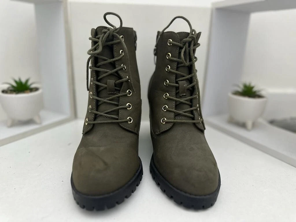 NEW LOOK ARMY GREEN FAUX SUEDE LACE UP ZIP UP HEEL ANKLE BOOTS SHOE UK 7 EU 40