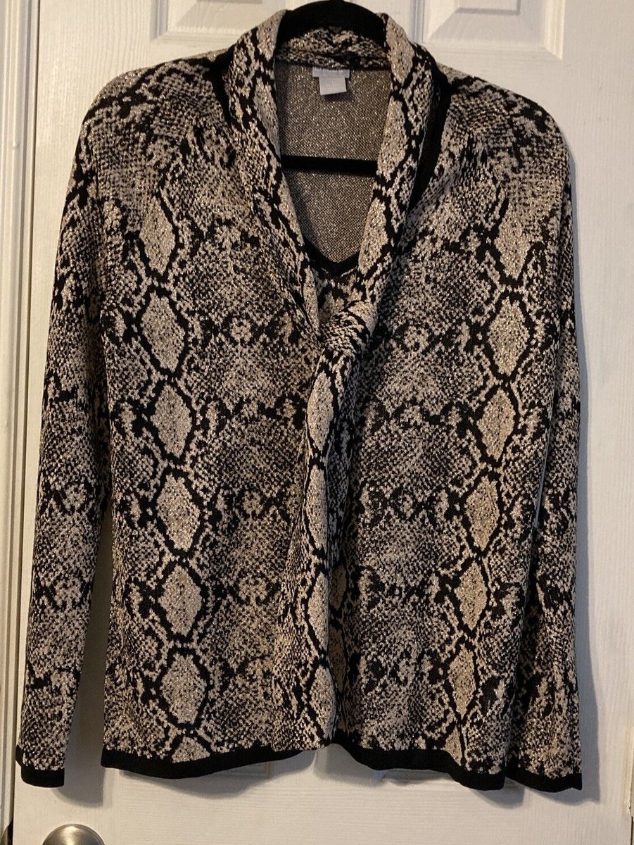 Chico's Double Espresso Python-Print Removable Tie Neck Sweater