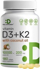 Vitamin D3 10000iu  K2 MK7 w/ Virgin Coconut Oil Vit D3 10000IU 180 Sofgels