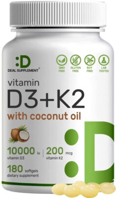 Vitamin D3 10000iu + K2 MK7 w/ Virgin Coconut Oil Vit D3 10000IU 180 Sofgels