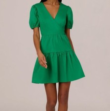 Adrianna Papell Women Green Short Puff Sleeve Tiered Dress Sz 2