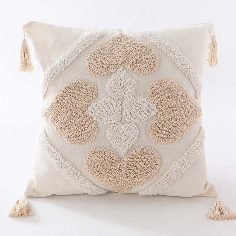 Woven Tufted Boho Striped Neutral Themed Lumbar Decorative Throw Pillow Covers