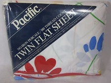 Vintage Pacific White HAPPY FLOWERS Floral Percale Twin Flat Sheet