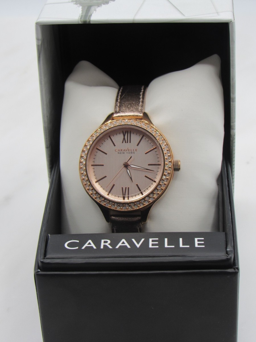 Caravelle 44L132 Women\'s Crystal New York Rose Gold Dial Leather Strap Watch Caravelle 44L132 Women main image 4