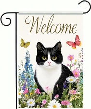 Spring Welcome Black White Cat Garden Flag 12×18 Inch Double Sided Small Black C