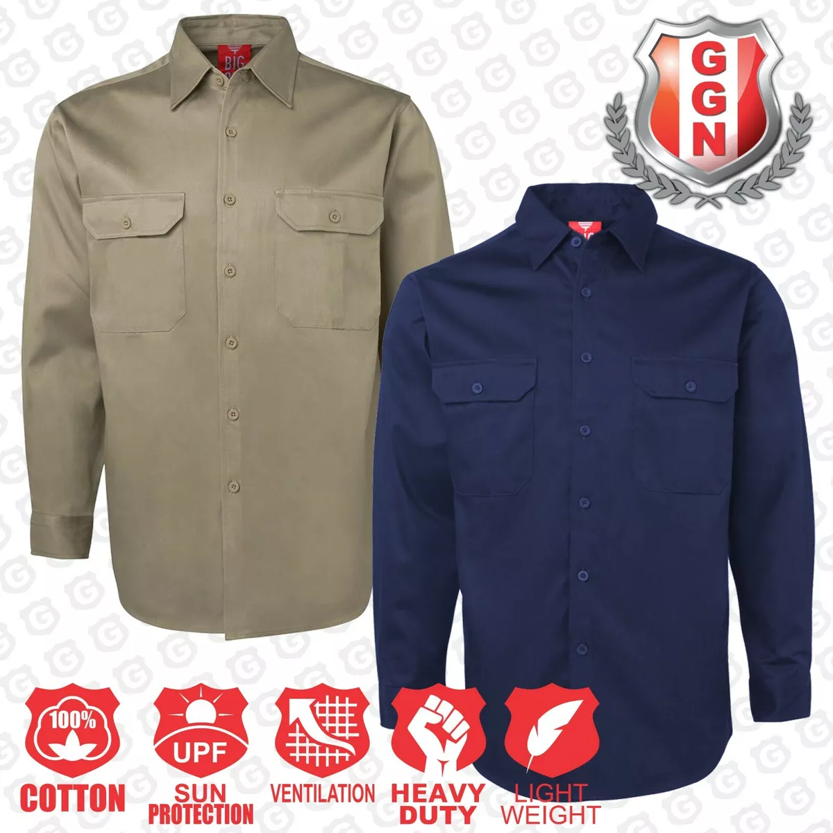 BigBEE Work Shirt Long Sleeve Men's workwear Navy Khaki Air Vent Traditional