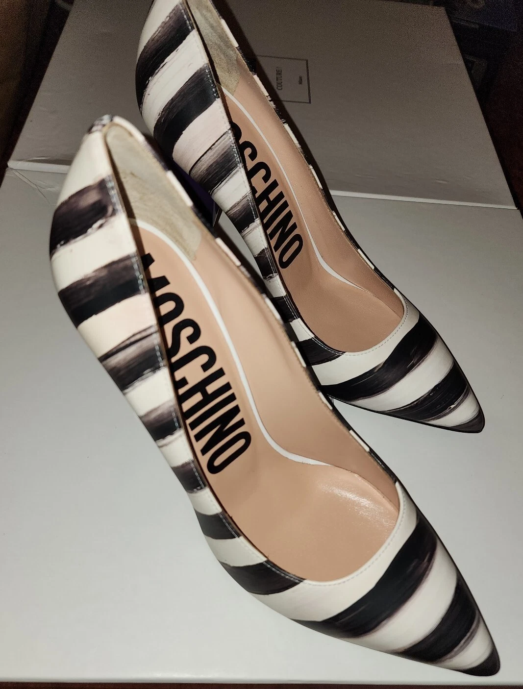 MOSCHINO 39 5 US 7 5 scarpe couture in pelle nera décolleté tacchi a righe strega trucco