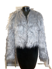 Pretty Little Thing Faux Fur Jacket Coat Women’s 4 Silver Open Front Longsleeve