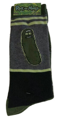 Pickle Rick And Morty Crew Socks 2 Pair Men 6-12 Gray Green Black Cartoon Swim