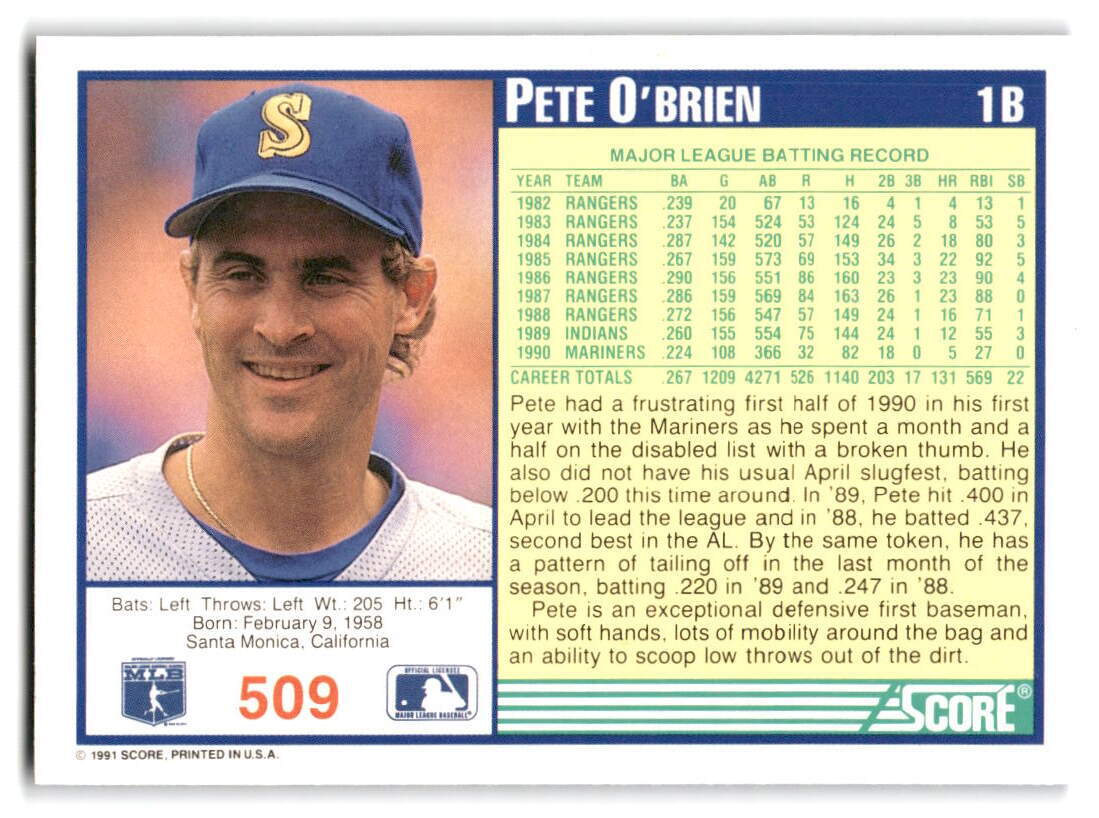 Pete O'Brien 1991 Score Baseball #509 Seattle Mariners | eBay