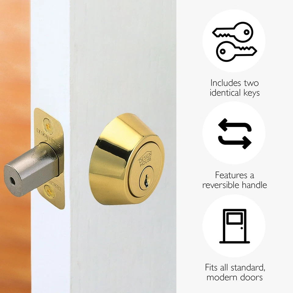 Cerradura de cerrojo de doble cilindro, cerradura de puerta delantera de latón pulido, se adapta a 2-3/4" y... Foto 3 de 4