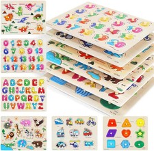 Wooden Peg Puzzle Set, 6 Pack for Toddlers Ages 3-5 Alphabet, Numbers, Shapes 