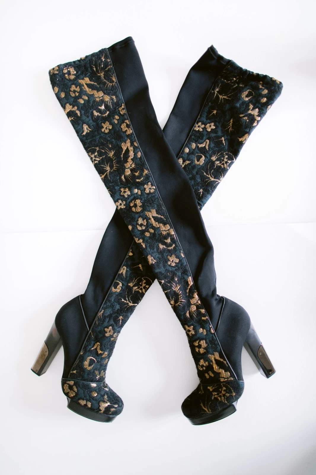 Lanvin — Lanvin Thigh High Boots Black Gold Brocade High Heel Over the Knee Stretch 2000$