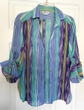 Vintage 80’s All Hours Blue Green Striped Button-Up Blouse Size Medium