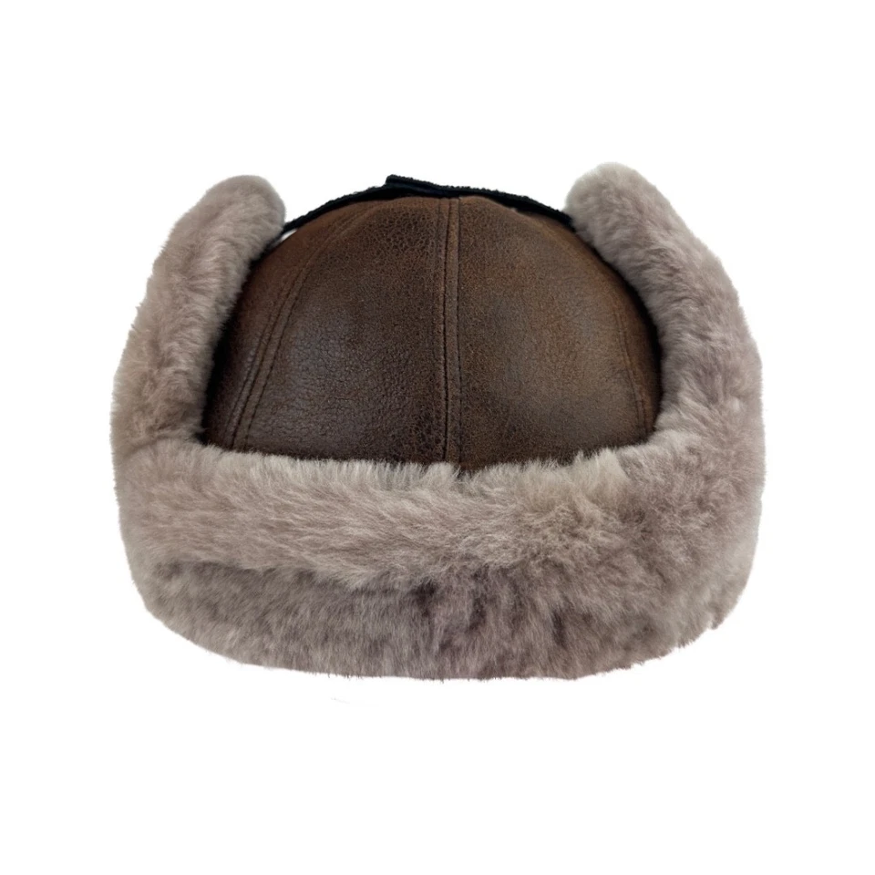 Sombrero trampero de cuero de oveja real hecho a mano — cálido sombrero trampero de invierno para hombres Foto 4 de 4