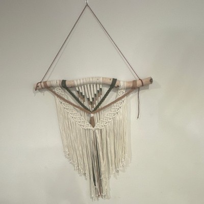Macrame Woven Wall Hanging with Fringe on Wooden Dowel Rod Boho Decor