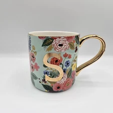 Rifle Paper Co. X Anthropologie Mug Monogram S Garden Party Aqua Gold Floral