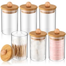 6 Pack Glass Apothecary Jars with Lids Bathroom Cotton Balls Pads Swabs Holde...