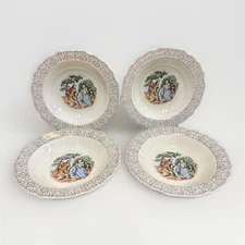 Courting Victorian Couple Berry Bowls 5 1/2” 22k Gold Lido Canarytone Set Of 4