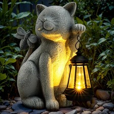 Solar Garden Outdoor Statues Cat with Solar Lantern,Outdoor Cat Figurines Decora