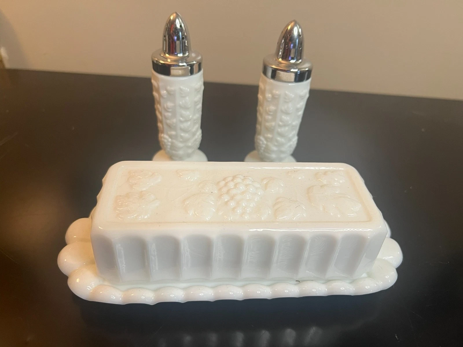 Vintage MCM Westmoreland Milk Glass Salt & Pepper Shakers and Butter Dish