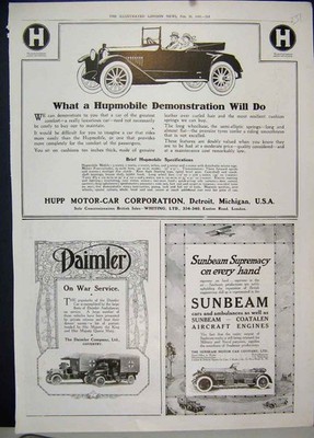 Original alter Oldtimer Druck 1917 Motor Car Sunbeam Daimler Hupmobile Werbung 20.
