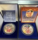 Lot of 2 ASEs: 1999 & 2000 American Silver Eagle 1 oz each, colorized, SPOT + $5
