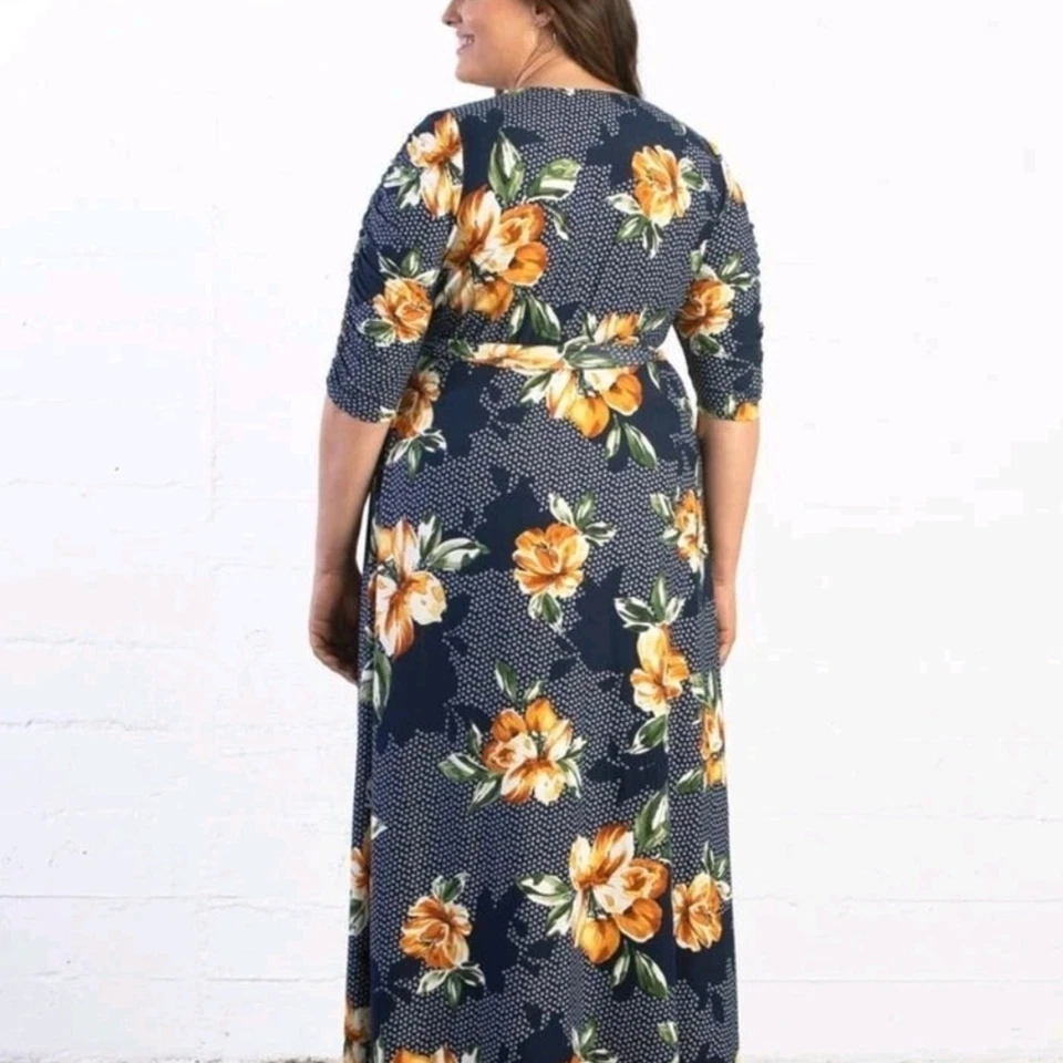 Vestido Kiyonna Prado Estilo Sueño Azul Marino y Naranja Floral 4x Maxi Vestido Envolvente Raro Foto 3 de 4