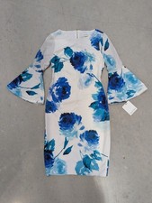 NWT Calvin Klein Floral Print Bell Sleeve Knee Length Dress size 2 White/Blue