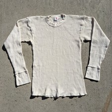 Vintage Hanes Thermal Shirt Waffle Knit Men's Medium Cream Base Layer Long Slv