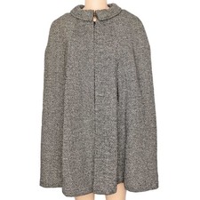 1970s Vintage Black/White Wool Tweed Cape Cloak Faux Sherpa Lining Fall S/M/L